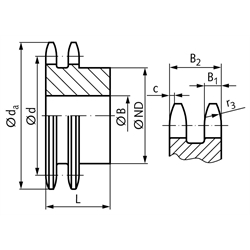Zweifach-Kettenrad ZRS mit einseitiger Nabe 10 B-2 5/8x3/8" 13 Zähne Mat. Stahl , Technische Zeichnung