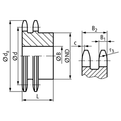 Zweifach-Kettenrad ZRS mit einseitiger Nabe 20 B-2 1 1/4"x3/4" 28 Zähne Mat. Stahl , Technische Zeichnung