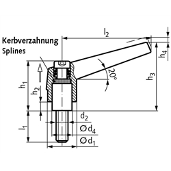 Verstellbarer Klemmhebel 120 Ausführung G mit Außengewinde M10 x 20mm lang Grifflänge L2 = 74mm , Technische Zeichnung