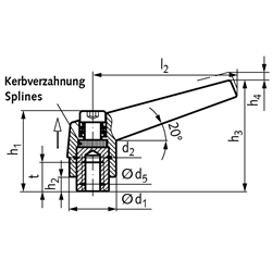 Verstellbarer Klemmhebel 120 Ausführung N Innengewinde M8 Länge l2=74mm , Technische Zeichnung