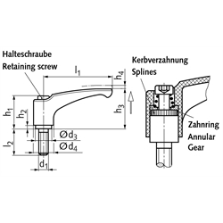 Verstellbarer Klemmhebel 355 Ausführung G mit Außengewinde M10 x 40mm lang Grifflänge L1=78mm Material Polyamid schwarz-grau , Technische Zeichnung