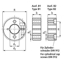 Geschlitzter Klemmring aus Edelstahl 1.4305 Bohrung 22mm mit Schraube DIN 912 A2-70 Ausf. B1, Technische Zeichnung