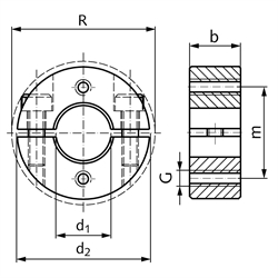 Geteilter Klemmring aus Edelstahl 1.4305 Bohrung 20mm mit Schrauben DIN 912 A2-70 Ausf. GA, Technische Zeichnung