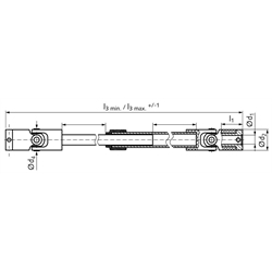 Ausziehbare Kreuzgelenkwelle UW aus Kunststoff/Messing Bohrung 5mm zusammengeschobene Länge 240mm max. Hub 149mm , Technische Zeichnung