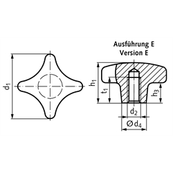 Kreuzgriff DIN 6335 aus Grauguss Ausführung E Durchmesser 50mm , Technische Zeichnung