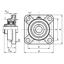 Kugelflanschlager TUCF 205 Bohrung 25mm Gehäuse aus Thermoplast schwarz Lager aus Edelstahl, Technische Zeichnung