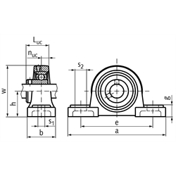 Kugelstehlager SSUCP 204 Bohrung 20mm Gehäuse und Lager aus Edelstahl , Technische Zeichnung