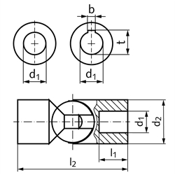 Kugelgelenk RW beidseitig Bohrung 8H7 mit Nut DIN 6885-1 Außendurchmesser 16mm Stahl, Technische Zeichnung