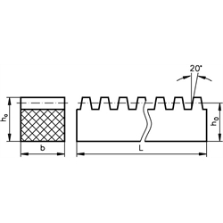 Zahnstange aus POM weiß Modul 2 Zahnbreite 20mm Gesamthöhe 20mm Länge 1000mm , Technische Zeichnung