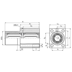 Linearlagereinheit KG-3-FT ISO-Reihe 3 mit Linear-Kugellagern mit Winkelausgleich mit Doppellippendichtung für Wellen-Ø 16mm, Technische Zeichnung