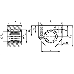 Linearlagereinheit KG-1-ST ISO-Reihe 1 mit Linear-Kugellager KB-1-ST beidseitig abgedichtet für Wellen-Ø 50mm, Technische Zeichnung