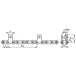 Flachlaschen-Rollenkette 08 B-1-M1, 6xp mit beidseitigen schmalen Flachlaschen mit 1 Befestigungsbohrung am Aussenglied im Abstand 6 x p , Technische Zeichnung