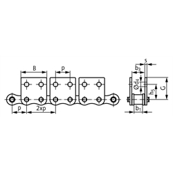 Flachlaschen-Rollenkette 06 B-1-M2, 2xp mit beidseitigen breiten Flachlaschen mit 2 Befestigungsbohrungen am Aussenglied im Abstand 2xp , Technische Zeichnung