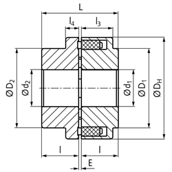 Elastische Nockenkupplung MAEPEX Grauguss Baugröße 250 Nenndrehmoment 2800Nm max. Drehmoment 8400Nm Außendurchmesser 250mm Gesamtlänge 203mm vorgebohrt 44mm, Technische Zeichnung