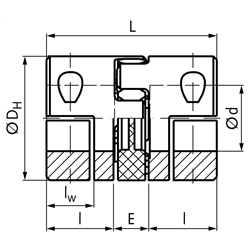 Elastische Kupplung RNH spielfrei Baugröße 19 Außendurchmesser 40mm Gesamtlänge 66mm Bohrung 14mm mit Zahnring 98° Shore rot, Technische Zeichnung