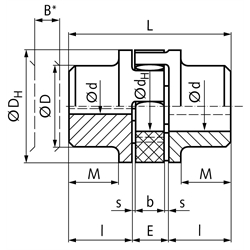 Elastische Kupplung RNG Grauguss Baugröße 42 max. Drehm. 530Nm Nenndrehm. 265Nm Außendurchmesser 95mm Gesamtlänge 126mm vorgebohrt 13mm , Technische Zeichnung