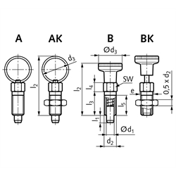 Rastbolzen 717 Form A Bolzendurchmesser 8mm Gewinde M16x1,5, Technische Zeichnung