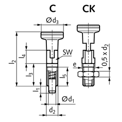 Rastbolzen 717 Form C Bolzendurchmesser 8mm Gewinde M12 Edelstahl, Technische Zeichnung