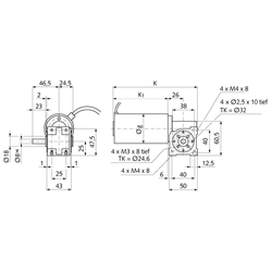 Schnecken-Kleingetriebemotor SG mit Gleichstrom-Permanentmagnetmotor 24V 56W n2=200/min i=15:1 Abtrieb Seite 2, Technische Zeichnung