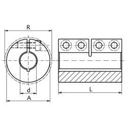 Geschlitzte Schalenkupplung MAS beidseitig Bohrung 30mm ohne Nut Edelstahl 1.4305 mit Schrauben DIN 912 A2-70 , Technische Zeichnung