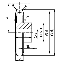 Schneckenrad aus Bronze Modul 1 35 Zähne 2-gängig rechts , Technische Zeichnung