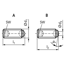 Kugeldruckschraube aus Stahl 12.9 brüniert Form A M6 x 10mm lang , Technische Zeichnung