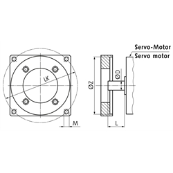 Motor-Adaption ZM/S Größe 80 bestehend aus Kupplung und Flansch mit Befestigungsschrauben für Wellen-Ø 28 x 58mm Zentrier-Ø 130mm Gewinde M10, Technische Zeichnung