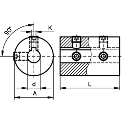 Starre Kupplung TR Edelstahl 1.4305 Bohrung 16mm mit Nut , Technische Zeichnung