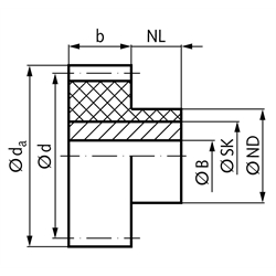 Stirnzahnrad aus Kunststoff PA12G weiß (naturfarben) mit Stahlkern Modul 2 25 Zähne Zahnbreite 20mm Außendurchmesser 54mm, Technische Zeichnung