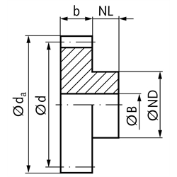 Stirnzahnrad aus C45 mit Nabe Modul 1,5 28 Zähne Zahnbreite 15mm Außendurchmesser 45mm, Technische Zeichnung