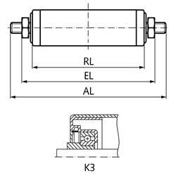 Tragrolle K3 Kunststoff blau Ø=63mm RL=600mm EL=619mm AL=649mm Außengewinde, Technische Zeichnung