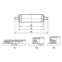 Tragrolle K1 Kunststoff blau Ø=40mm RL=500mm EL=505mm AL=525mm Federachse, Technische Zeichnung