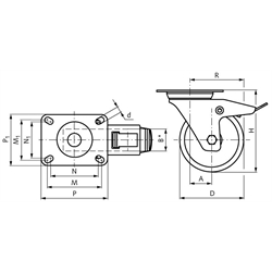 Transportrolle mit Lochplatte Kunststoffrad weiß Lenkrolle mit Feststeller Rad-Ø 200, Technische Zeichnung
