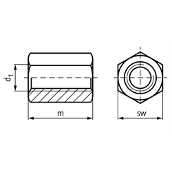 Verlängerungsmutter 6334 M16 Höhe 48mm Vergütungsstahl Klasse 10 , Technische Zeichnung