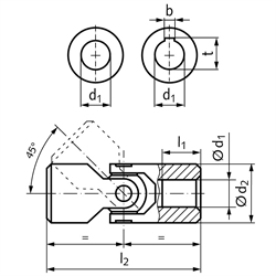 Präzisions-Wellengelenk WE DIN808 einfach Bohrung 8H7 Material Stahl Gesamtlänge 40mm Außendurchmeseer 16mm, Technische Zeichnung