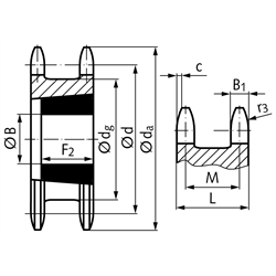 Doppel-Kettenrad ZRET für 2 Einfach-Rollenketten 10 B-1 5/8"x3/8" 18 Zähne Material Stahl für Taper-Spannbuchse 1610, Technische Zeichnung