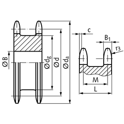 Doppel-Kettenrad ZREG für 2 Einfach-Rollenketten 12 B-1 3/4x7/16" 21 Zähne Material Stahl Zähne gehärtet, Technische Zeichnung