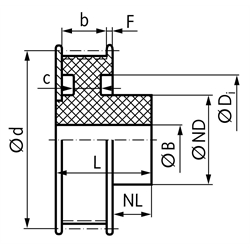 Zahnriemenrad aus Polyacetal gespritzt Profil T5 19 Zähne für Riemenbreite 10mm , Technische Zeichnung