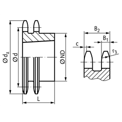 Zweifach-Kettenrad ZRT 10 B-2 5/8x3/8" 24 Zähne Material Stahl für Taper-Spannbuchse Typ 2012 , Technische Zeichnung