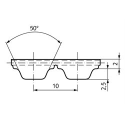 PU-Zahnriemen Profil AT10 Breite 50mm Wirklänge 500mm Zähnezahl 50 50 AT10/500, Technische Zeichnung