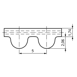 HTD-Zahnriemen Neopren Profil 5M Breite 25mm Wirklänge 330mm Zähnezahl 66, Technische Zeichnung