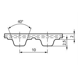 PU-Zahnriemen Profil T10 Breite 50mm Wirklänge 530mm Zähnezahl 53 50 T10/530, Technische Zeichnung