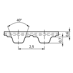 PU-Zahnriemen Profil T2,5 Breite 10mm Wirklänge 330mm Zähnezahl 132 10 T2,5/330 , Technische Zeichnung