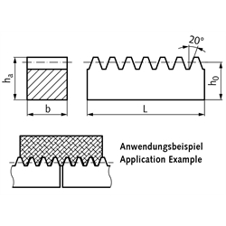 Präzisions-Montagehilfe für Zahnstangen Stahl 16MnCr5 Modul 2 Zahnbreite 20mm Höhe 20mm Länge ca. 80mm Verzahnung gehärtet geschliffen, Technische Zeichnung