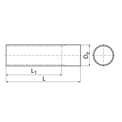 Zahnwelle Teilung L (9,525mm) 20 Zähne Länge 160mm Material Aluminium , Technische Zeichnung