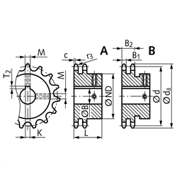 Zweifach-Kettenrad ZRF mit einseitiger Nabe 12 B-2 20 Zähne Bohrung 40H7 Passfedernut DIN 6885/1 2 Stellschraubengewinde Material Stahl Zähne induktiv gehärtet, Technische Zeichnung